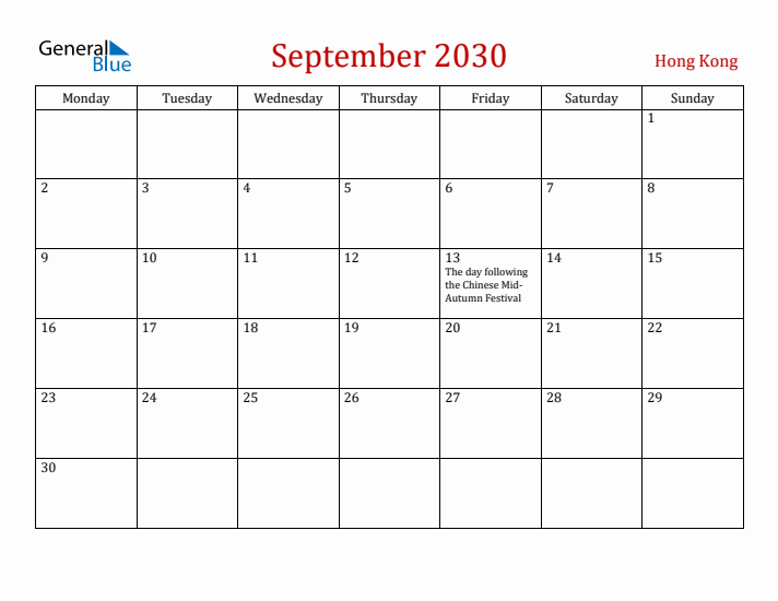Hong Kong September 2030 Calendar - Monday Start
