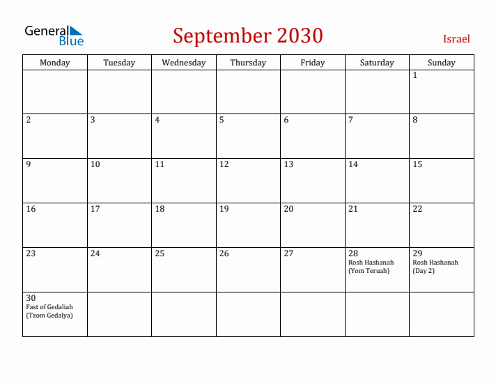 Israel September 2030 Calendar - Monday Start