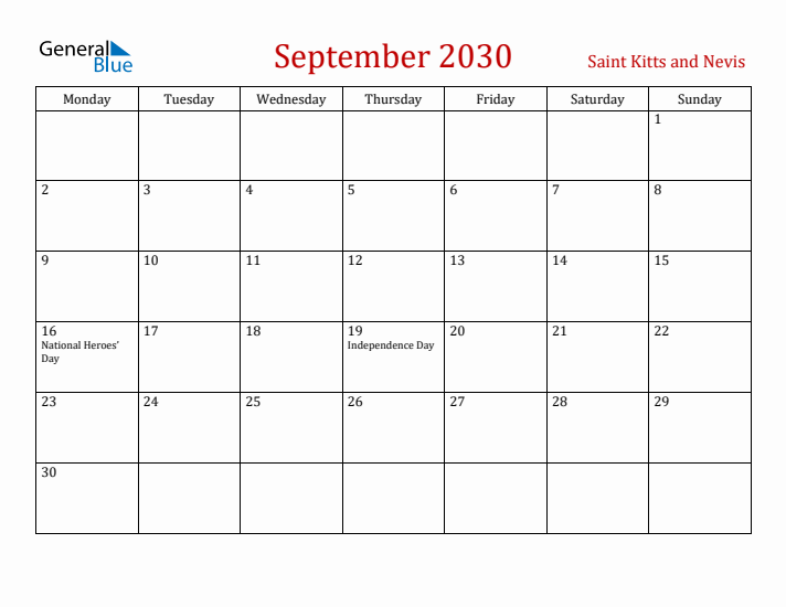 Saint Kitts and Nevis September 2030 Calendar - Monday Start