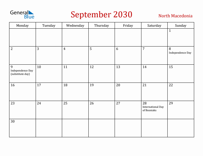 North Macedonia September 2030 Calendar - Monday Start