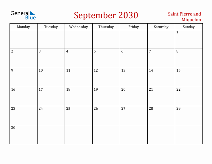 Saint Pierre and Miquelon September 2030 Calendar - Monday Start