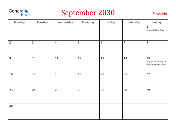 Slovakia September 2030 Calendar - Monday Start