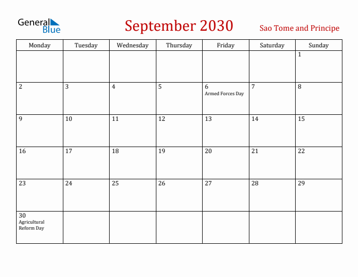 Sao Tome and Principe September 2030 Calendar - Monday Start