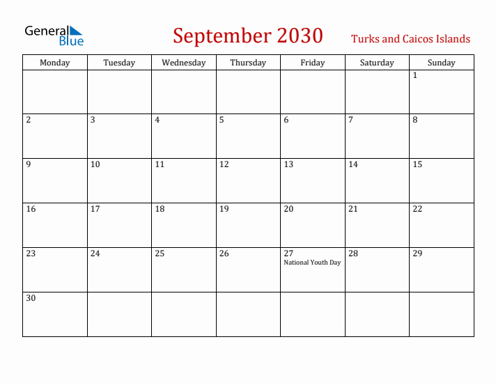 Turks and Caicos Islands September 2030 Calendar - Monday Start