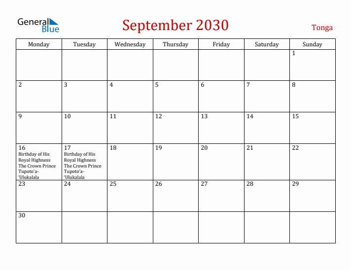 Tonga September 2030 Calendar - Monday Start