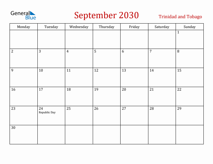Trinidad and Tobago September 2030 Calendar - Monday Start
