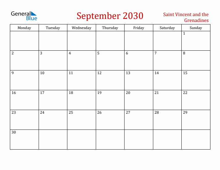 Saint Vincent and the Grenadines September 2030 Calendar - Monday Start