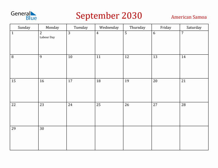 American Samoa September 2030 Calendar - Sunday Start