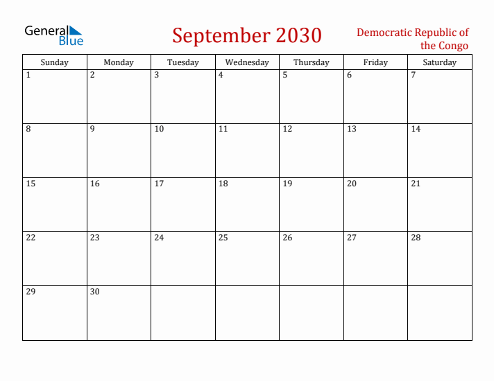 Democratic Republic of the Congo September 2030 Calendar - Sunday Start