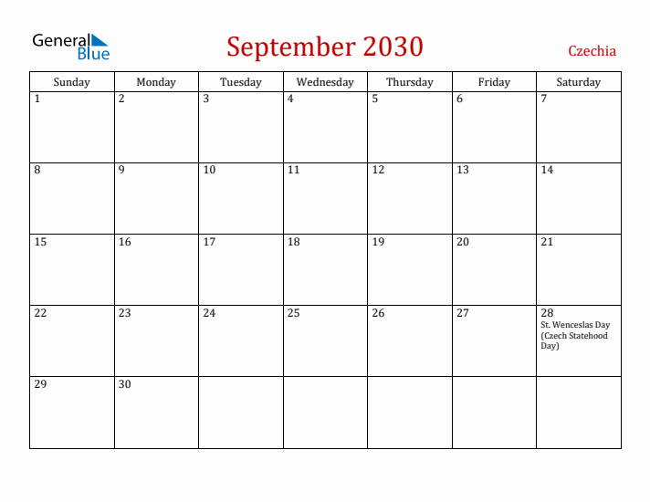 Czechia September 2030 Calendar - Sunday Start