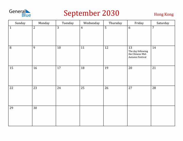 Hong Kong September 2030 Calendar - Sunday Start