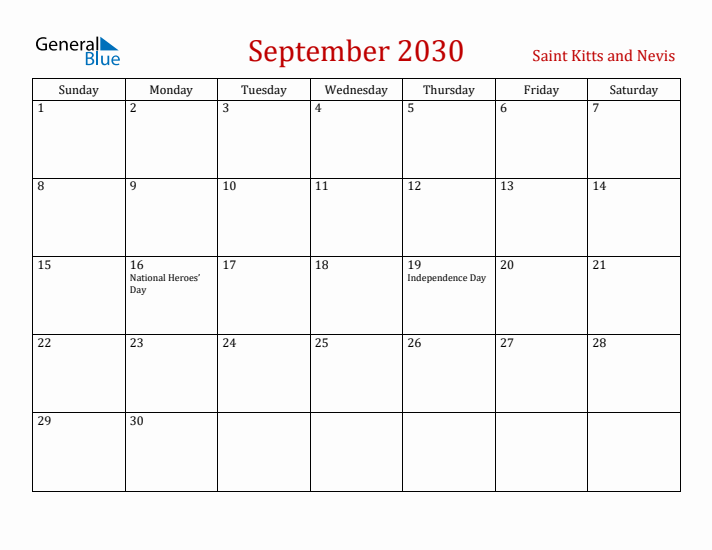 Saint Kitts and Nevis September 2030 Calendar - Sunday Start