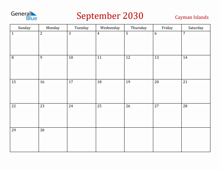 Cayman Islands September 2030 Calendar - Sunday Start