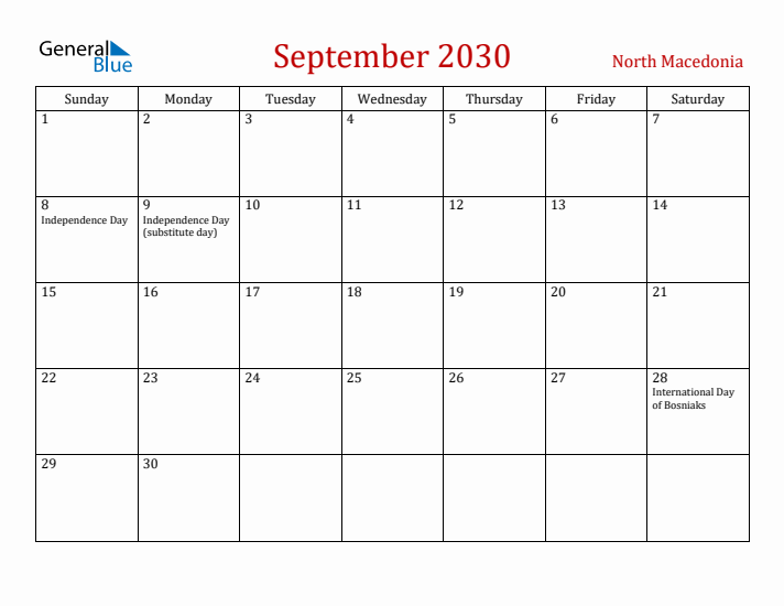 North Macedonia September 2030 Calendar - Sunday Start