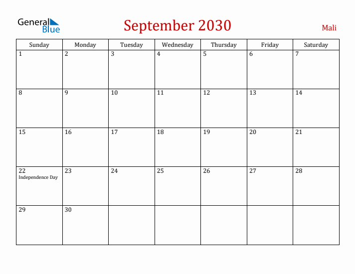 Mali September 2030 Calendar - Sunday Start