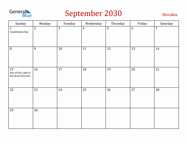 Slovakia September 2030 Calendar - Sunday Start