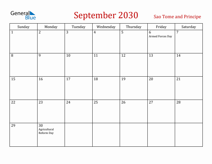 Sao Tome and Principe September 2030 Calendar - Sunday Start