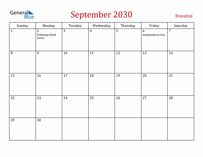 Eswatini September 2030 Calendar - Sunday Start