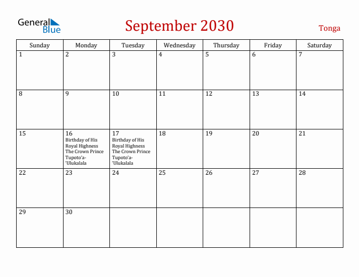 Tonga September 2030 Calendar - Sunday Start