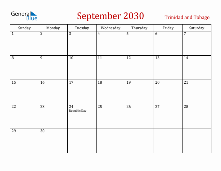 Trinidad and Tobago September 2030 Calendar - Sunday Start