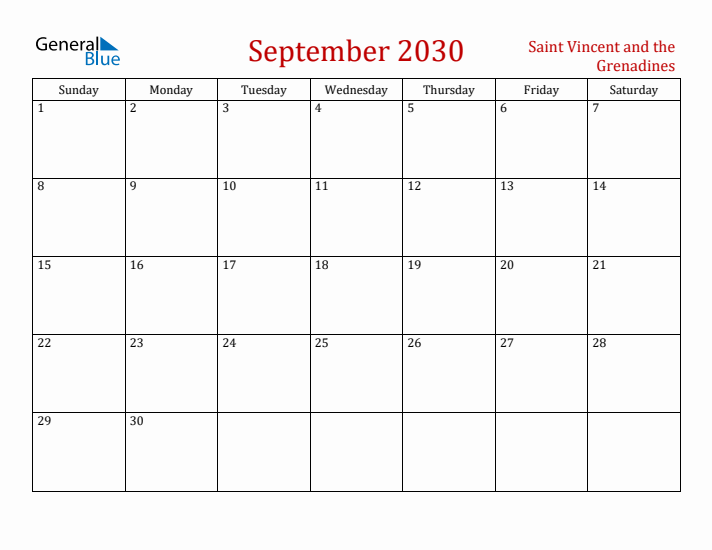 Saint Vincent and the Grenadines September 2030 Calendar - Sunday Start