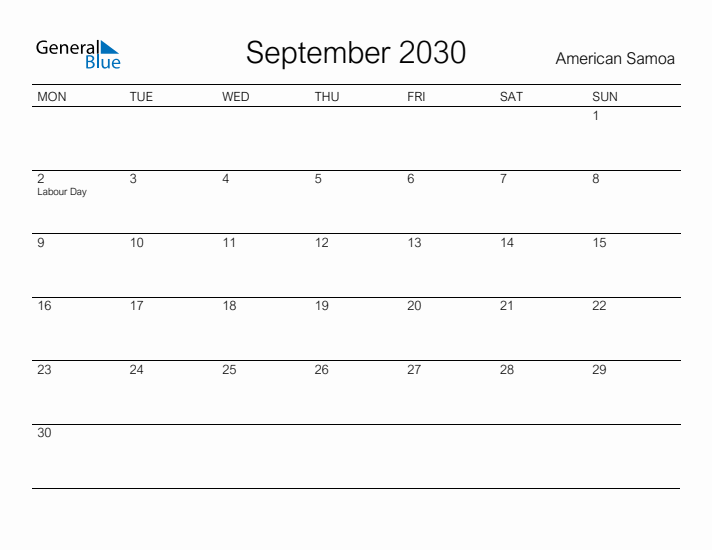 Printable September 2030 Calendar for American Samoa