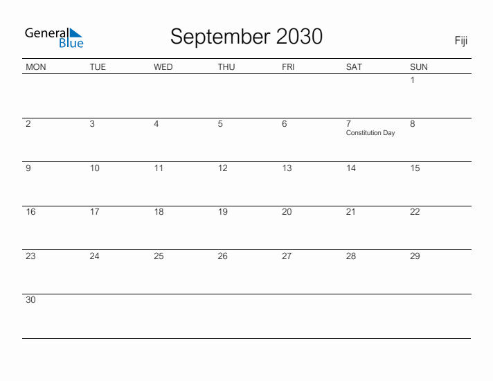 Printable September 2030 Calendar for Fiji