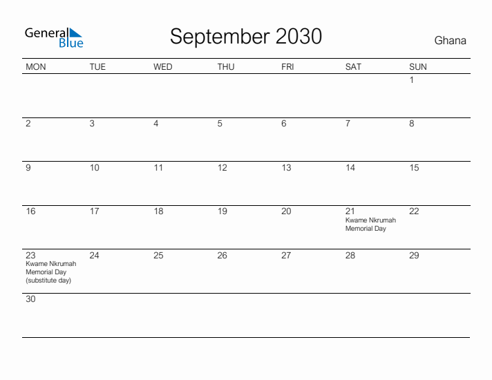 Printable September 2030 Calendar for Ghana