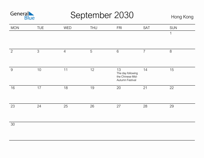 Printable September 2030 Calendar for Hong Kong