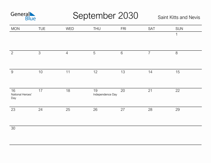 Printable September 2030 Calendar for Saint Kitts and Nevis