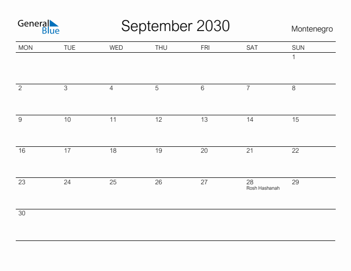 Printable September 2030 Calendar for Montenegro