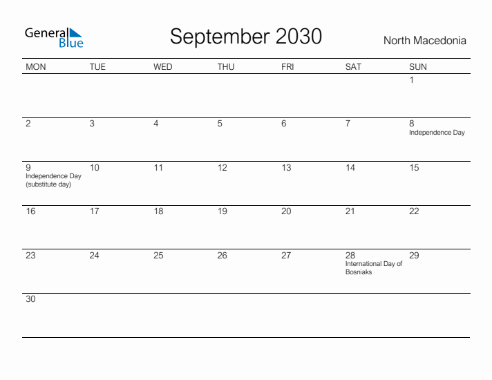 Printable September 2030 Calendar for North Macedonia