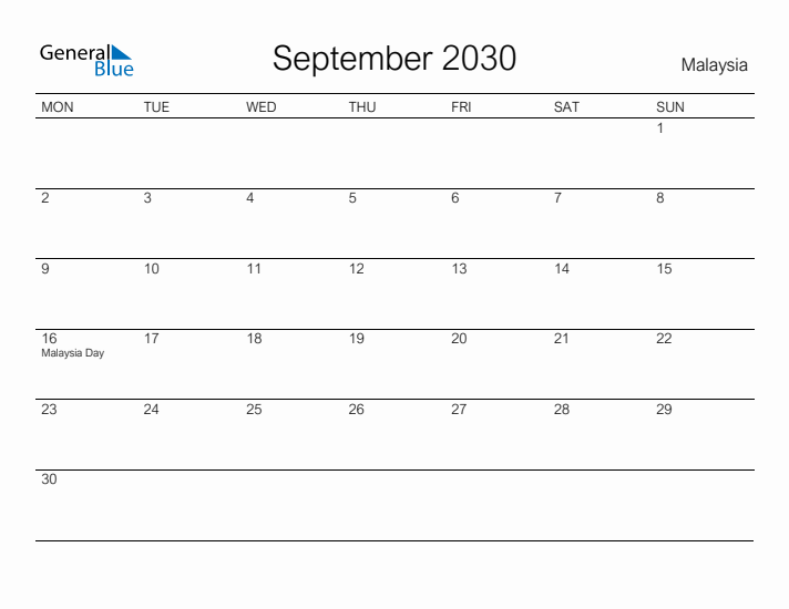 Printable September 2030 Calendar for Malaysia