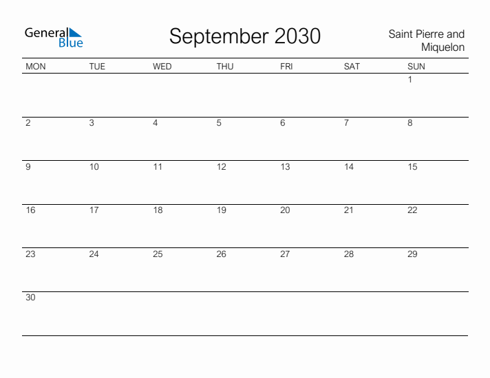 Printable September 2030 Calendar for Saint Pierre and Miquelon