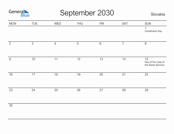 Printable September 2030 Calendar for Slovakia