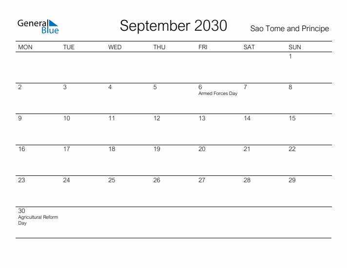 Printable September 2030 Calendar for Sao Tome and Principe