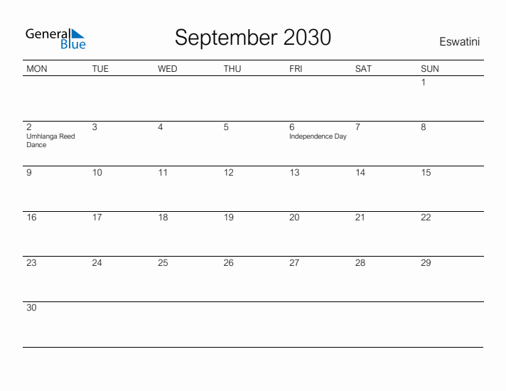 Printable September 2030 Calendar for Eswatini