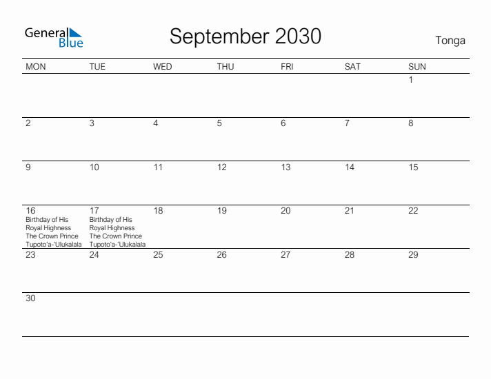 Printable September 2030 Calendar for Tonga