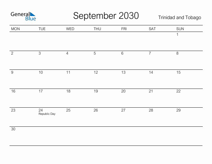Printable September 2030 Calendar for Trinidad and Tobago