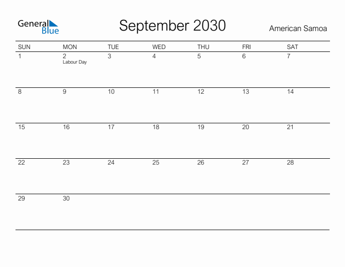 Printable September 2030 Calendar for American Samoa