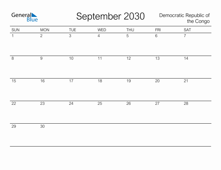 Printable September 2030 Calendar for Democratic Republic of the Congo