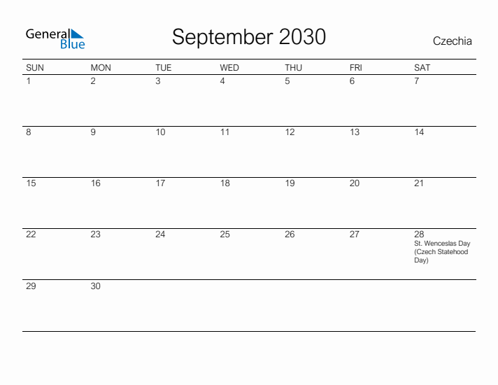 Printable September 2030 Calendar for Czechia