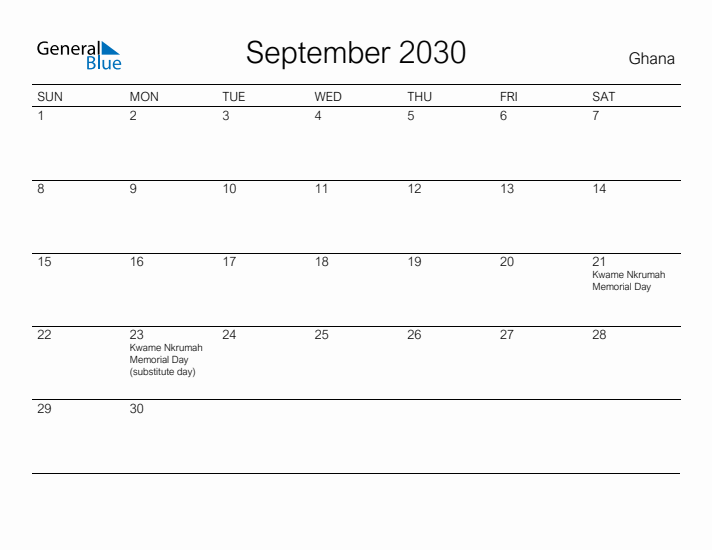 Printable September 2030 Calendar for Ghana