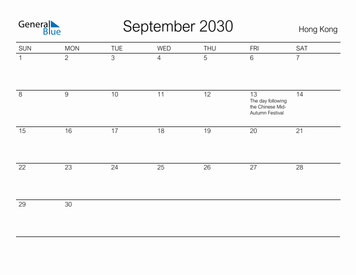 Printable September 2030 Calendar for Hong Kong