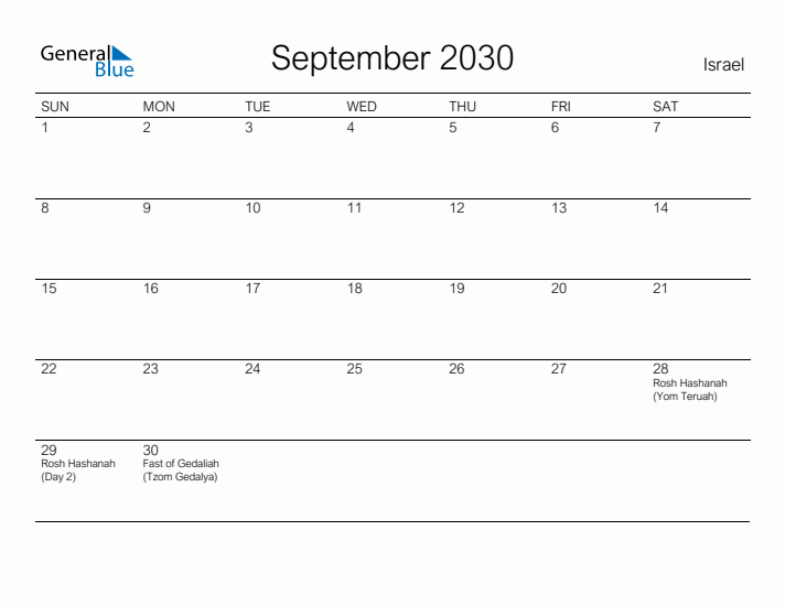 Printable September 2030 Calendar for Israel