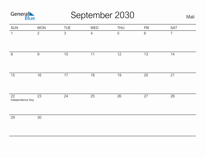 Printable September 2030 Calendar for Mali