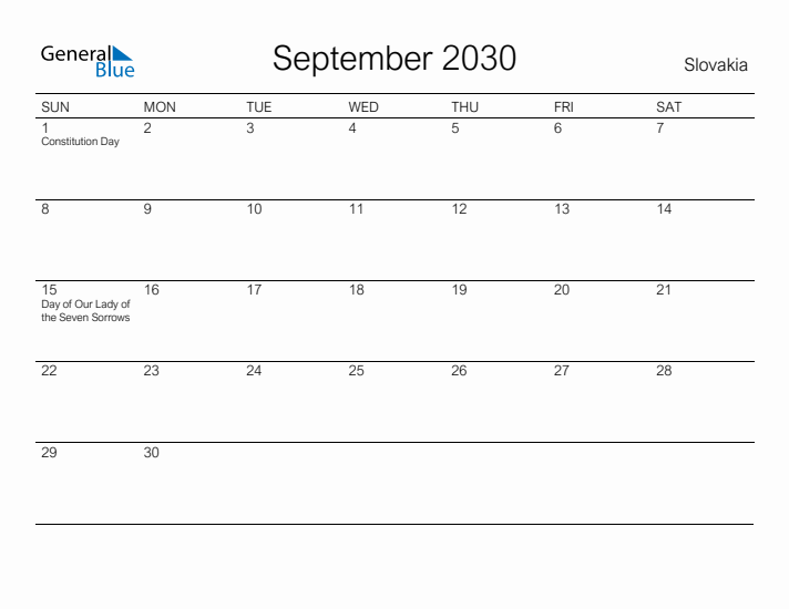 Printable September 2030 Calendar for Slovakia
