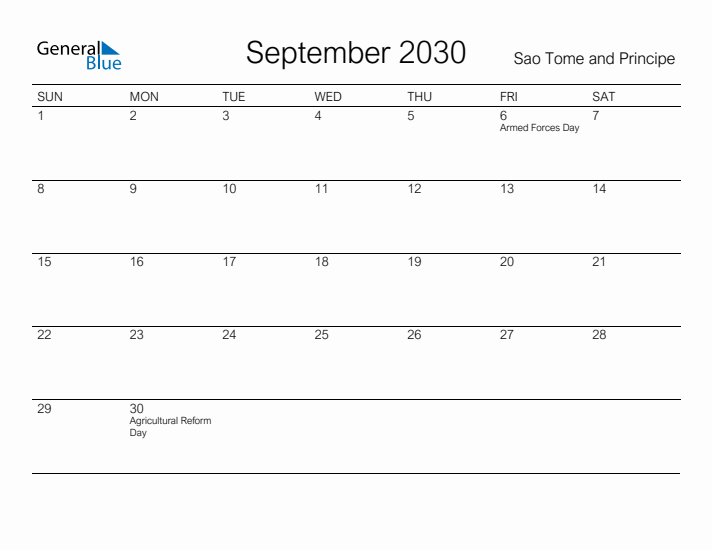 Printable September 2030 Calendar for Sao Tome and Principe