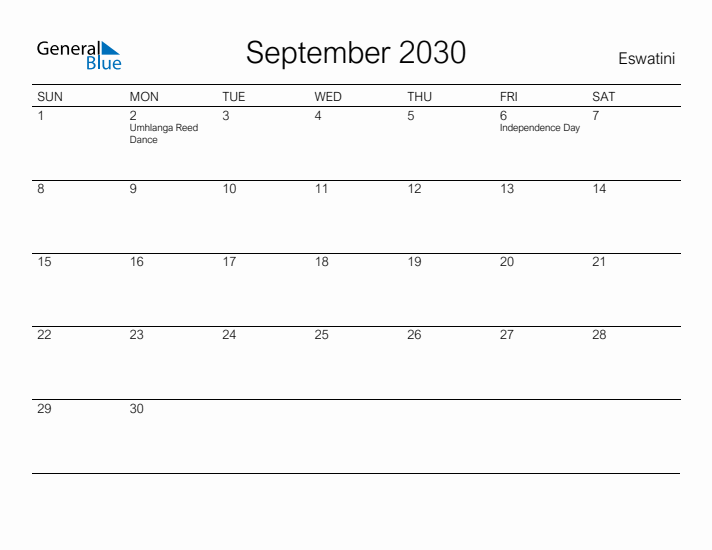 Printable September 2030 Calendar for Eswatini