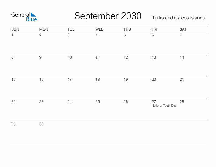 Printable September 2030 Calendar for Turks and Caicos Islands